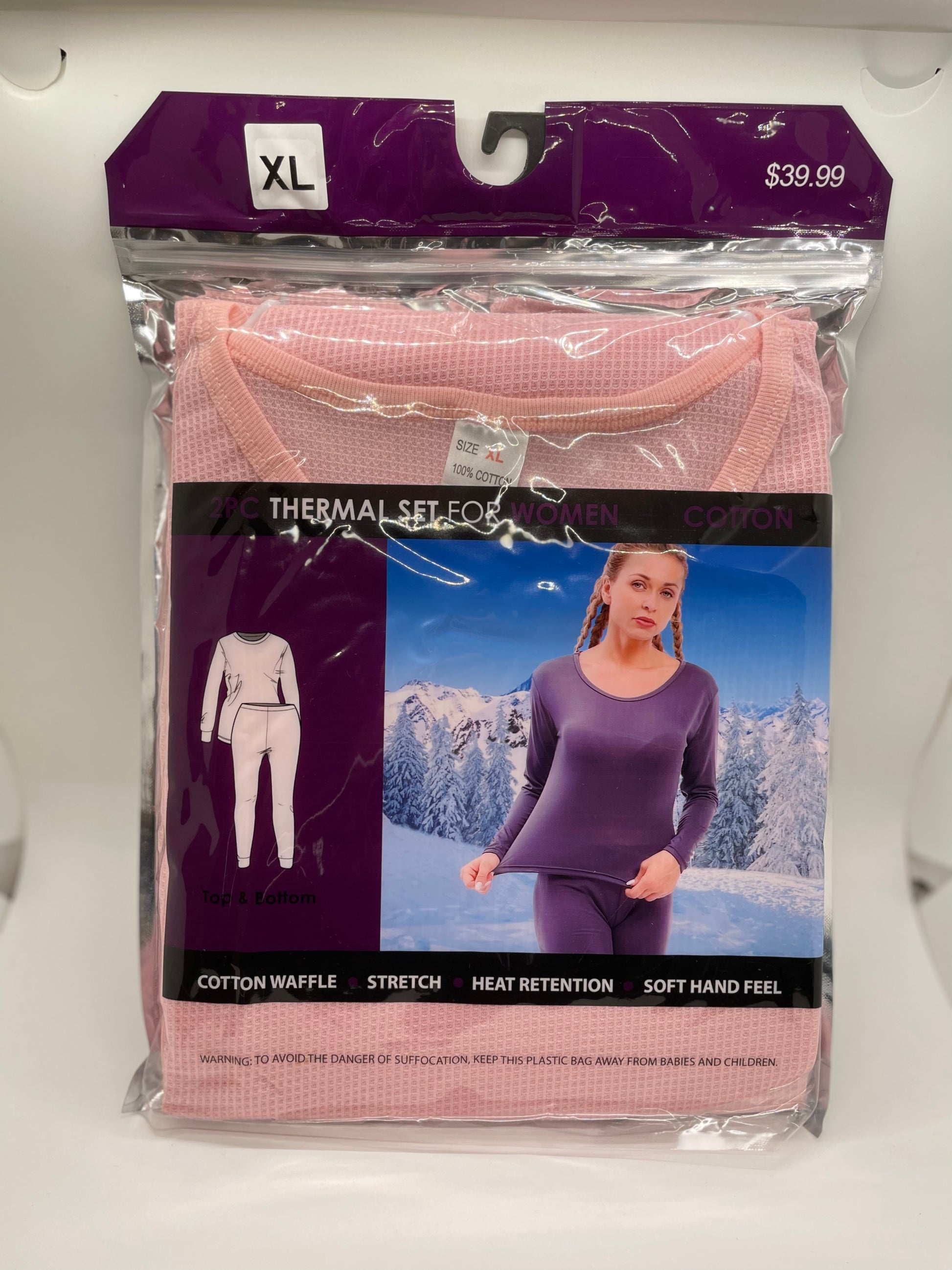 "Pink women's thermal underwear with a quilted texture and a drawstring closure"