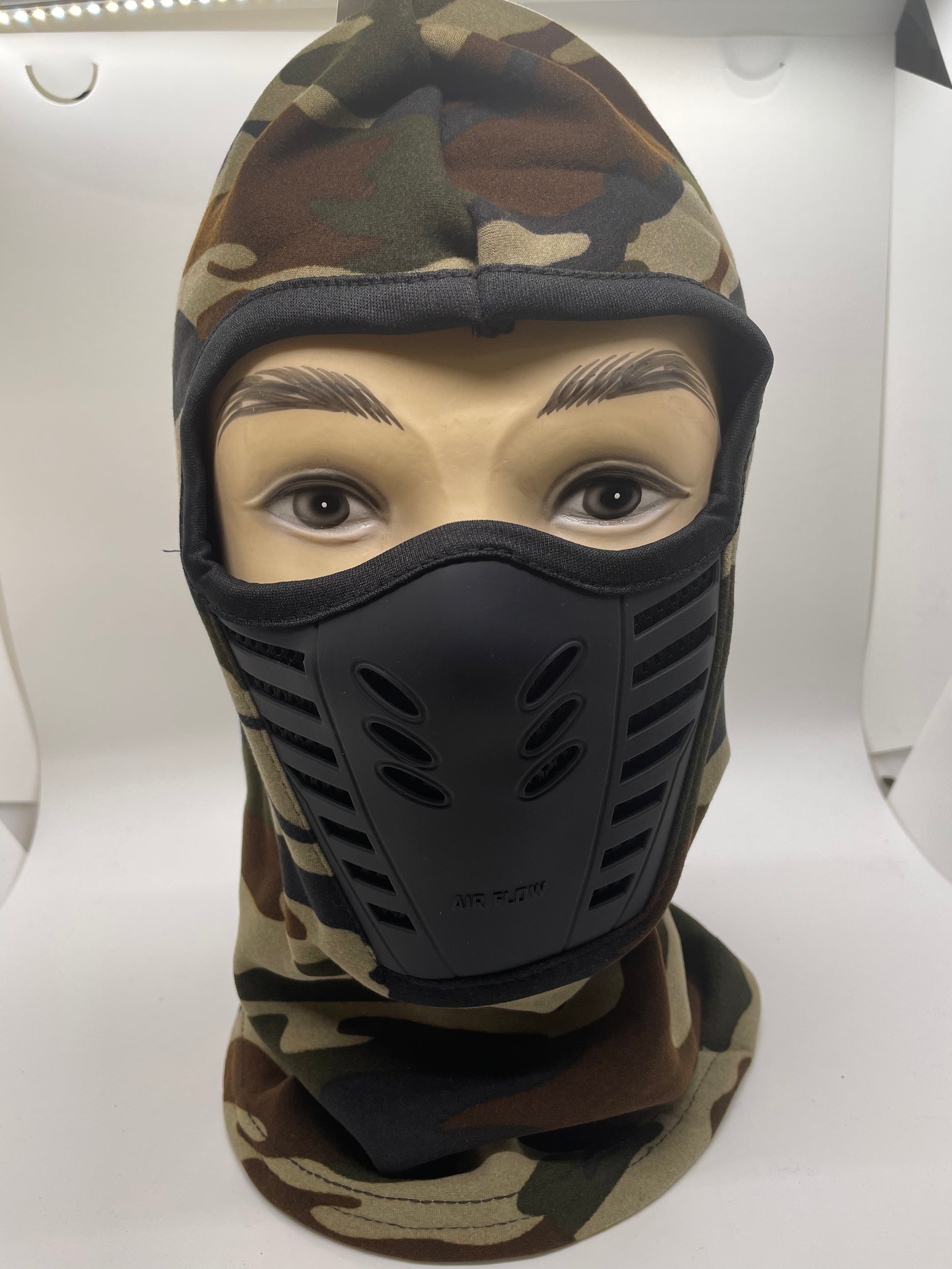 "Camo full face mask with a padded headband and a stretchy fit"