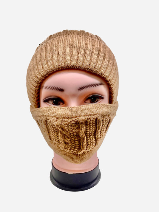"Brown blue toboggan hat with mask and a quilted texture"