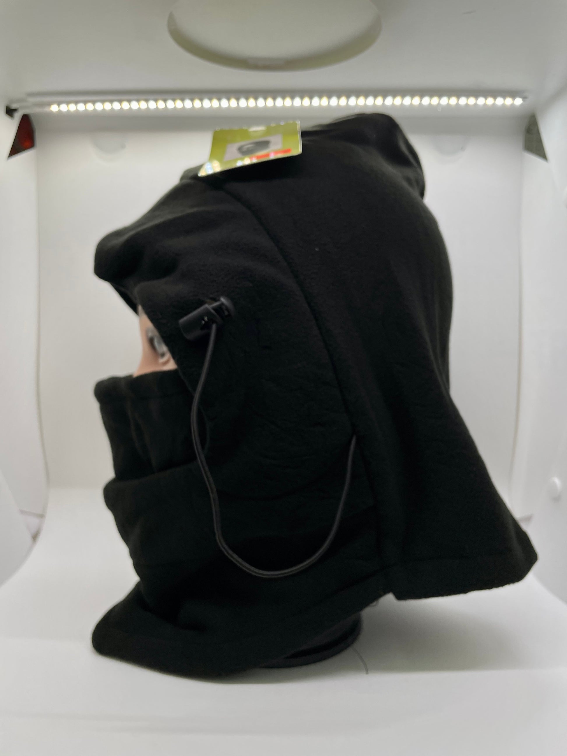 Black face covering hood with a padded headband and a stretchy fit