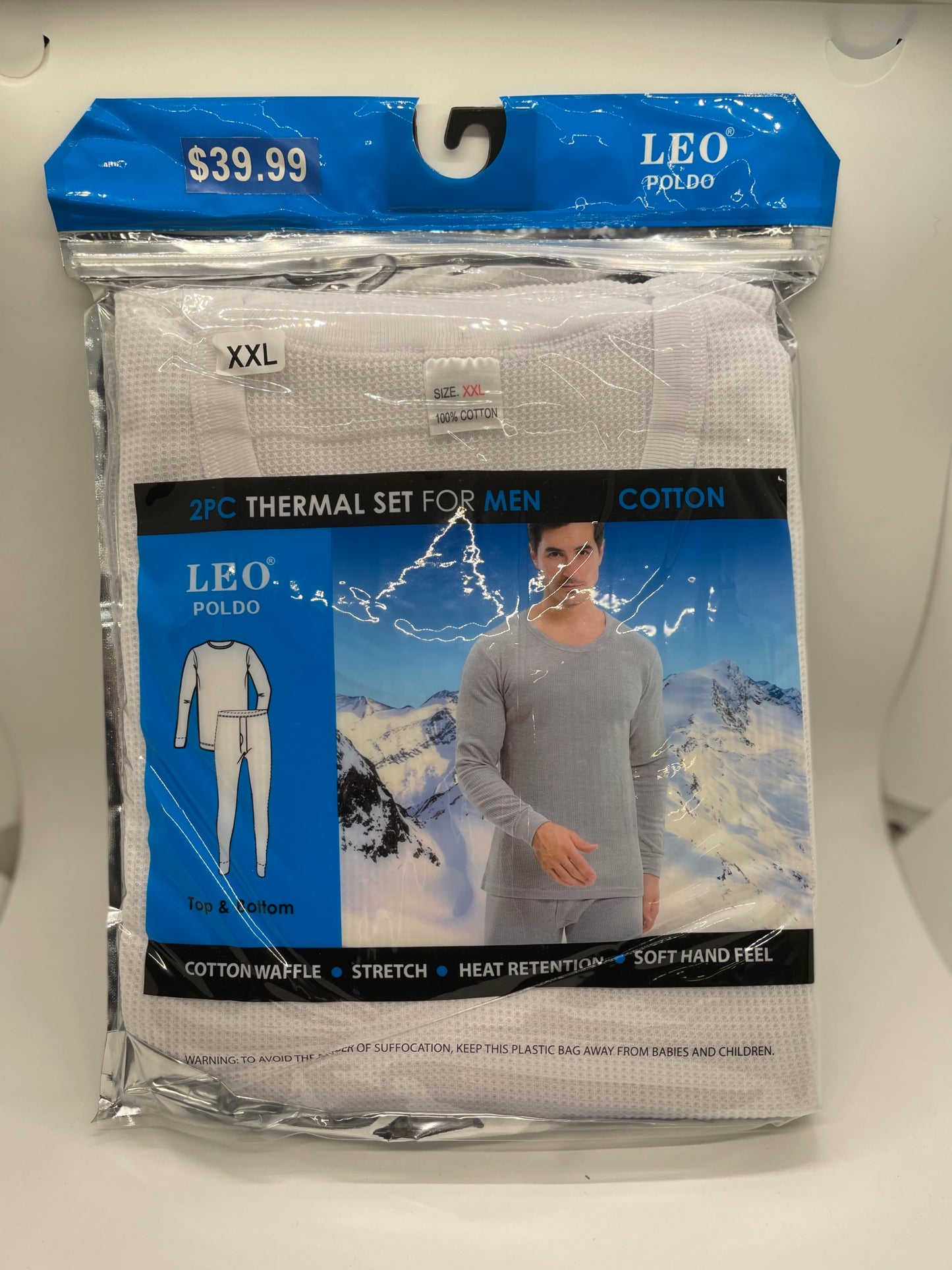 "White blue men's thermal underwear with a quilted texture and a reinforced heel and toe"