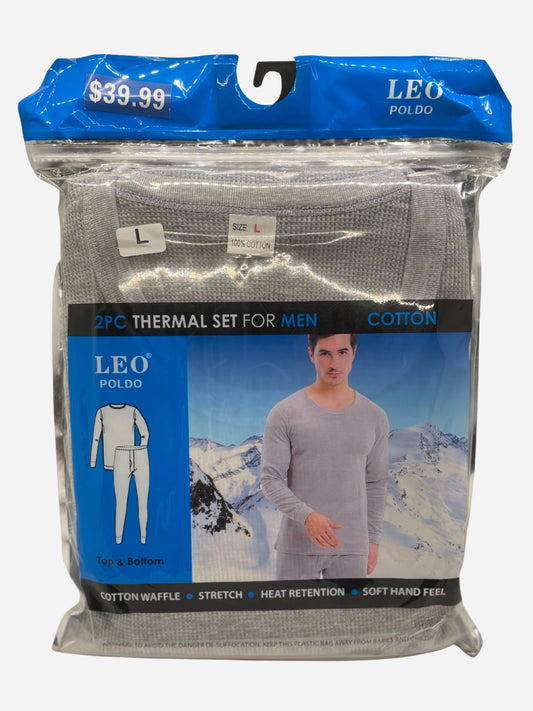 "Gray men's thermal underwear with a ribbed knit texture and a moisture-wicking design"