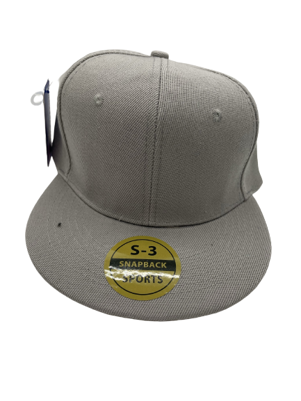 Gray flat brim baseball hat with a ribbed knit texture and a buckle closure