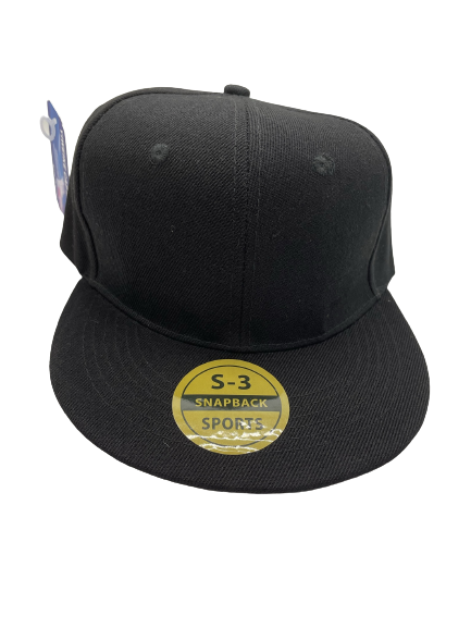 Black flat brim baseball hat with a padded headband and an adjustable strap