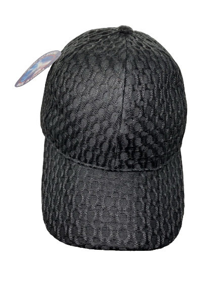 "Black netted baseball cap with a quilted texture and a drawstring closure"
