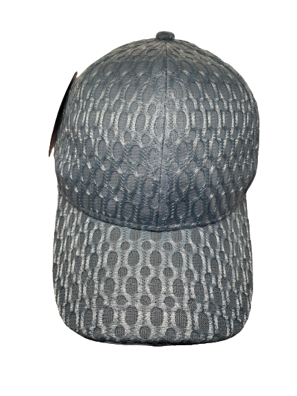 "Gray netted baseball cap with a ribbed knit texture and a buckle closure"