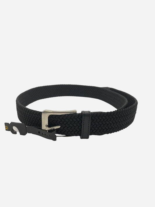 "Black stretch knit belt with a ribbed texture and a buckle closure"
