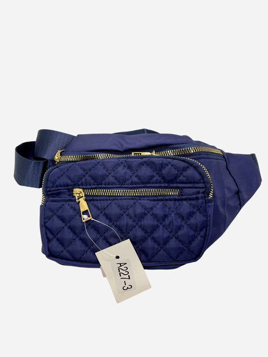 Blue fanny pack with a padded headband and a stretchy fit