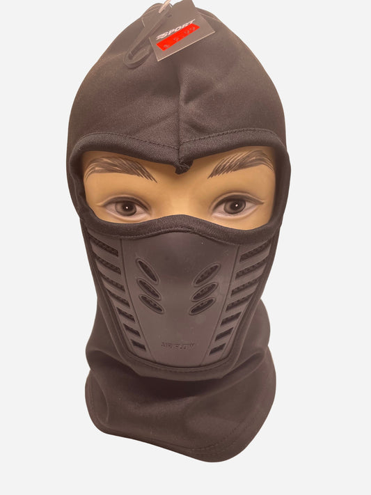 "Black full face mask with a ribbed knit texture and a drawstring closure"