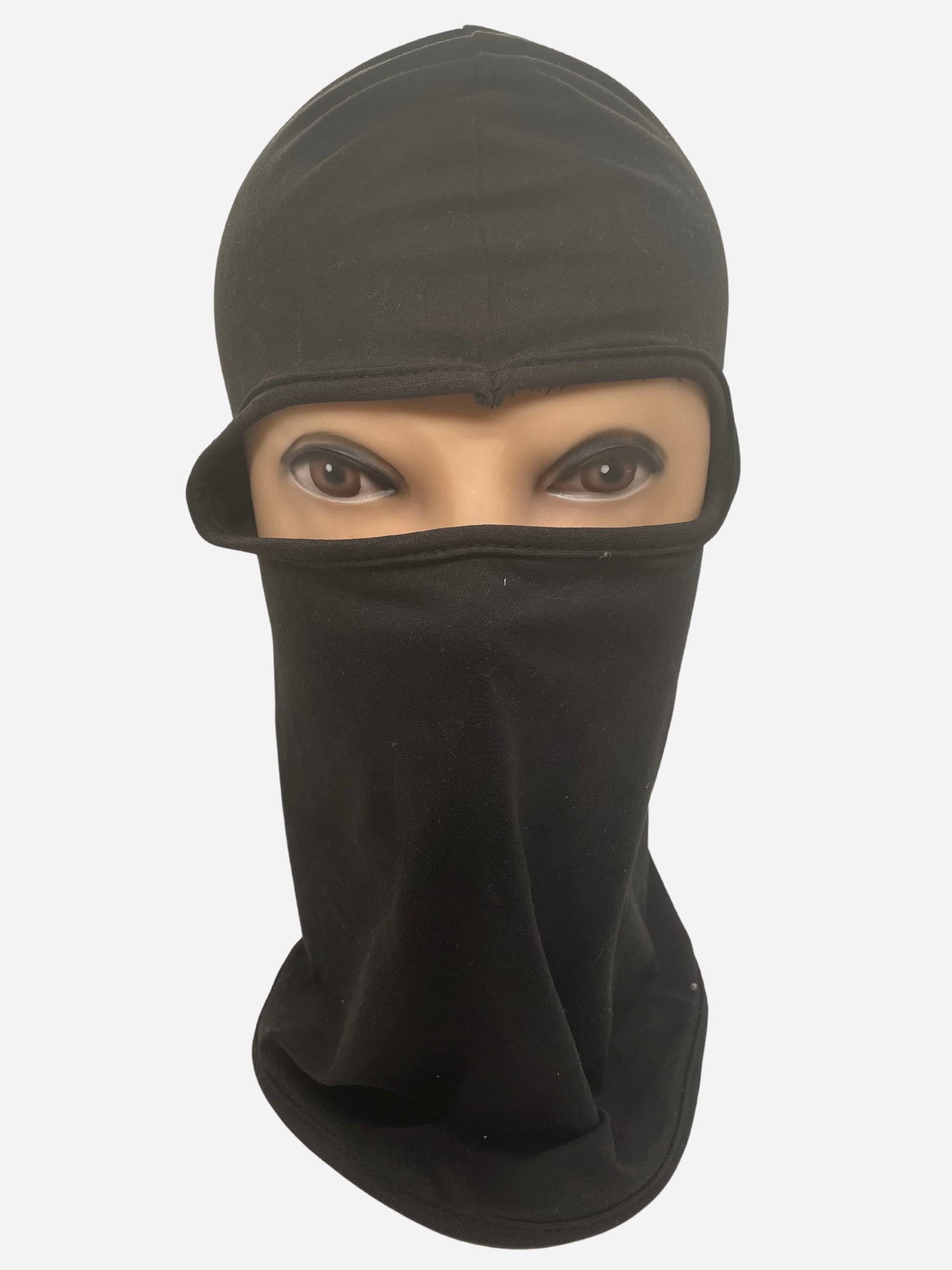 "Black ninja mask with a mesh design and an elastic band"