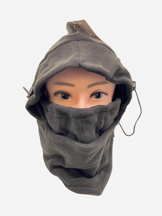 Gray face covering hood with a ribbed knit texture and a drawstring closure