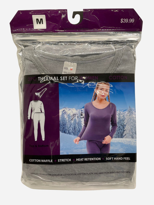 "Gray women's thermal underwear with a ribbed knit texture and a moisture-wicking design"