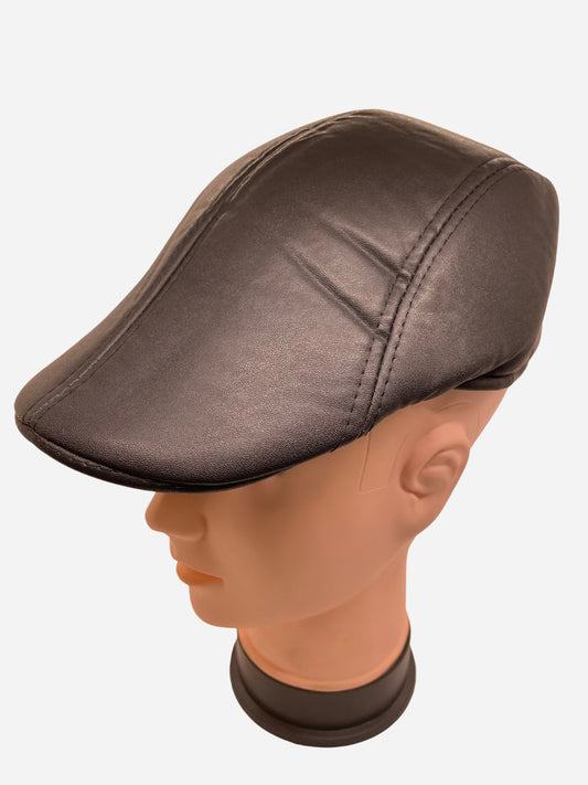 "Black leather flat hat with a ribbed knit texture and a buckle closure"